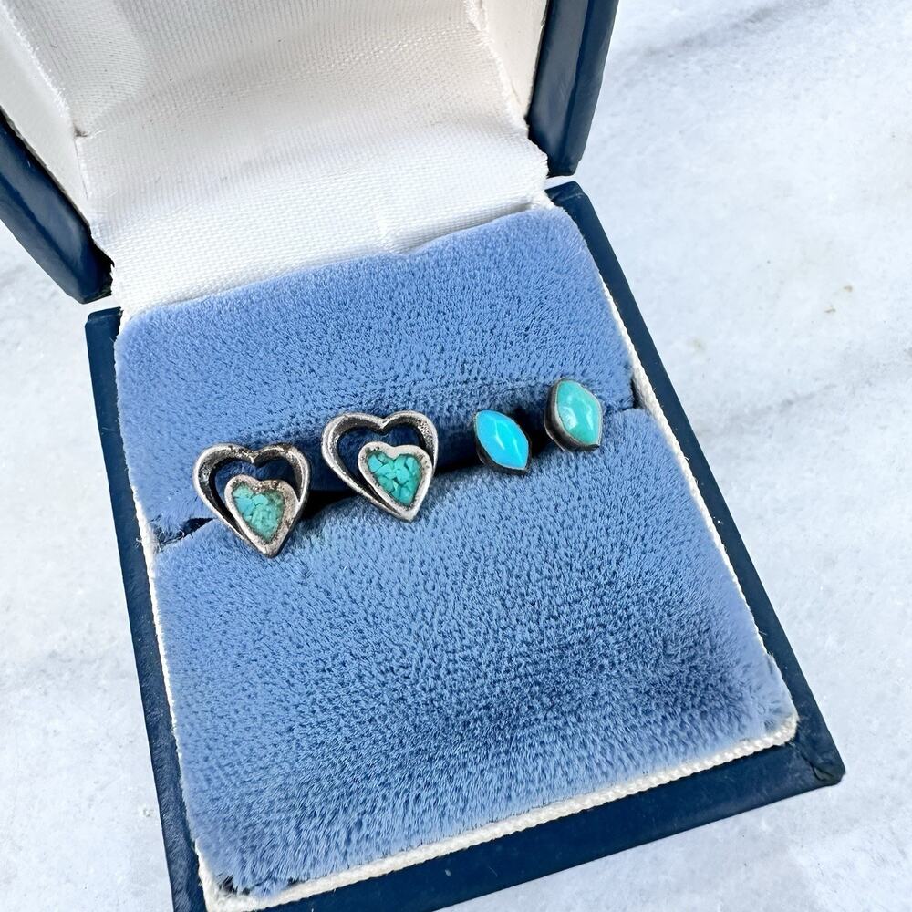 Turquoise Sterling Silver Stud Earrings Lot 2 Southwest Heart 925 Inlay Vintage